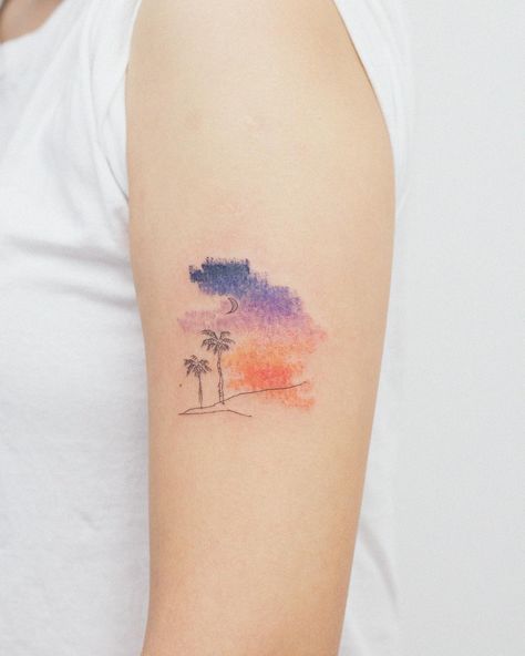 Sunset Tattoo Color, Wave Tattoo Wrist, Soft Tattoo, Sunset Tattoo, Colour Tattoo For Women, Sky Tattoos, Tattoos To Cover Scars, Sunset Tattoos, Band Tattoo Designs