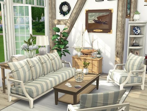 Sims 4 Coastal Living Room, Cottage Living Room Sims 4, Sims 4 Coastal House Cc, Coastal Cc Sims 4, Sims 4 Cc Coastal Furniture, Cottage Living Sims 4 Cc, Coastal Sims 4, Sims 4 Coastal House, Sims 4 Coastal Cc