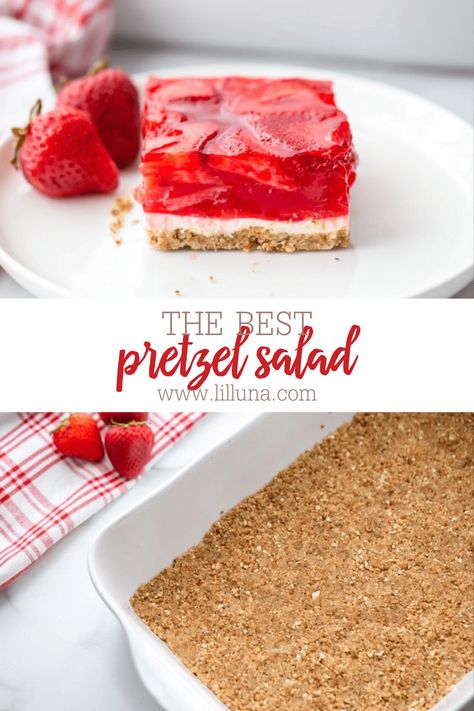 Pretzel salad is the ultimate combination of sweet and salty. This classic treat is always a crowd pleaser!! #pretzelsalad #strawberrypretzelsalad #dessert #jellosalad #jello #strawberrydessert Jello Pretzel Dessert, Pretzel Jello Dessert, Pretzel Jello Salad, Savory Potato Salad, Strawberry Pretzel Jello Salad, Pretzel Jello, Jello Pretzel Salad, Pretzel Desserts, Strawberry Pretzel Salad