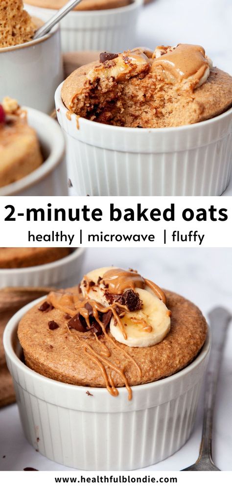 This is the best 2-minute super fluffy microwave baked oats recipe. They are healthy, naturally sweet, moist, and taste like a cake. Add banana slices, chocolate chips, sprinkles, or blueberries for a fun, high-protein breakfast, snack, or dessert! Microwave Baked Oats, Microwave Oatmeal, Blondie Recipes, Baked Oats Recipe, Microwave Breakfast, Oat Flour Recipes, Microwave Baking, Microwave Cake, Protein Baking