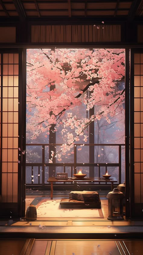 Traditional Machiya Room with a View of the Cherry Blossom Landscape Cherry Blossom Landscape, Japan Cherry Blossom, Cherry Blossoms Illustration, Cherry Blossom Wallpaper, Cherry Blossom Japan, Japan Landscape, Dreamy Artwork, Room With A View, Cherry Blossom Background