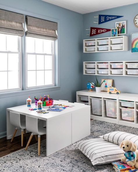 Kids Playroom Organization Storage, Modern Playroom Ideas, Playroom Organization Storage, Playroom Ideas For Toddlers, Homeschool Table, Ikea Smastad, Playroom Layout, Toddlers Playroom, Toy Room Storage