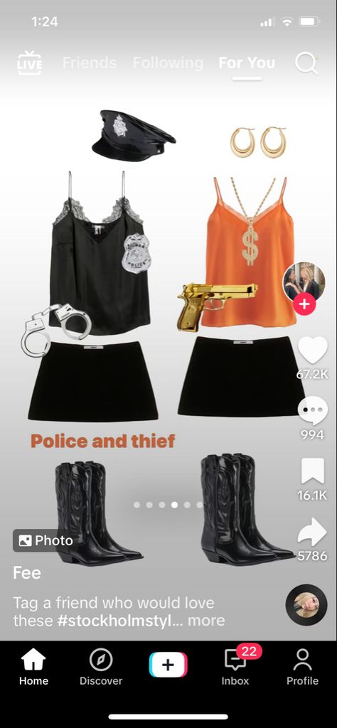 Halloween costume idea Cops Costume Halloween, Thief Costume Halloween, Cia Halloween Costume, Cop Costumes For Women Diy, Prisoner And Cop Costume Friends, Police And Prisoner Costume Friends, Diy Cop Costume Women, Police Officer And Prisoner Costume, Cop And Robber Costume Best Friends