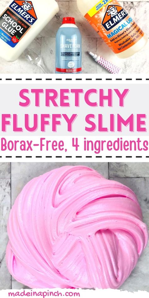 Make this homemade DIY fluffy slime recipe for your kids! It's a MUST-try homemade STEAM activity that kids absolutely love, and it makes the fluffiest, stretchiest slime ever without skin-irritating Borax! Kids will be entertained for hours with this easy, homemade, non-toxic fluffy slime! It's perfect for an indoor or rainy day activity! #slime Homemade Fluffy Slime, Non Messy Slime, Thick Slime Recipe, Fluffy Slime Recipe With Borax Easy, Diy Bouncy Balls With Borax And Glue, Non Toxic Slime Recipes Kids, Thick And Glossy Slime Recipe, Homemade Slime Recipe Easy, Simple Slime Recipe Kids