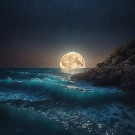 Ocean Fantasy Aesthetic, Fantasy Ocean Art, Moon And Ocean Tattoo, Ocean Fantasy Art, Full Moon Ocean, Moon Powers, Moon Fantasy Art, Moon Over Ocean, Moon And Ocean