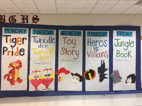 Best Spirit Week Ideas, Disney Theme Spirit Week, Theme Week Ideas High School, Disney Spirt Week Ideas, Spirit Week Bulletin Board Ideas, Disney Spirit Week Ideas, Grade Wars Spirit Week, Spirt Week Ideas Homecoming, Superhero Pep Rally