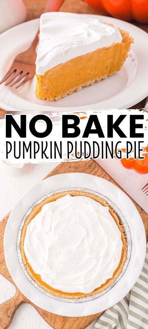 No Bake Pumpkin Pie with pudding makes enjoying holidays, or just eating pie, way too easy! This incredible, six-ingredient pie is bliss! #BreadBoozeBacon #nobake #pumpkinpie #pumpkinpuddingpie #pudding #pie #dessert #thanksgiving Pumpkin Pie With Pudding, Pumpkin Pie With Pudding Recipe, Non Bake Pumpkin Pie, Pumpkin Spice Jello Pudding Pie, Pumpkin No Bake Pie, No Bake Pumpkin Pie Filling, Easy Pumpkin Pudding, Pumpkin Pudding Dessert, Pudding Pies No Bake