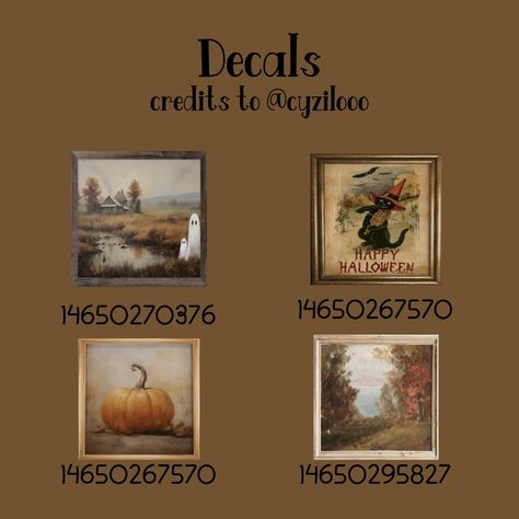 Autumn Decals Bloxburg Codes, Bloxburg Fall House Speed Build, Bloxburg Family Photos Codes, Blocksburg Halloween House Ideas, Fall Blocksburg House, Roblox Fall Picture Codes, Fall Id Codes Bloxburg, Halloween House Bloxburg Exterior, Fall Painting Decals Bloxburg