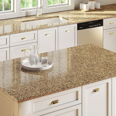 Countertop Samples, Brown Granite Countertops, Antique White Kitchen Cabinets, Antique White Cabinets, Antique White Kitchen, Kitchen Diy Makeover, Countertop Colours, Brown Kitchen, Quartz Kitchen