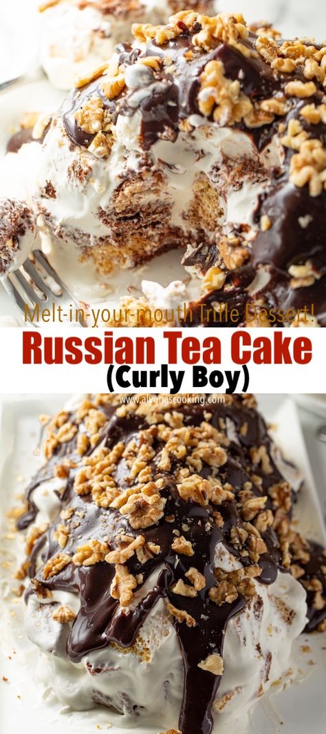 This Russian Tea Cake called Curly Boy is one of the BEST Russian cake recipes to stash in your recipe book for cakes! Moist Sponge Cake layers are cubed and layered in cream to make an anthill-looking cake similar to a volcano cake or trifle dessert, only it’s melt-in-your-mouth good! Get ready to share this Russian Cake Recipe with others because it’s likely to be asked for and is super easy to whip up! Russian Chocolate Cake, Russian Cakes Recipes, Russian Recipes Dessert, Russian Cake Recipes, Copycat Cake Recipes, Russian Dessert Recipes, Russian Recipes Traditional, Russian Desert, Volcano Dessert