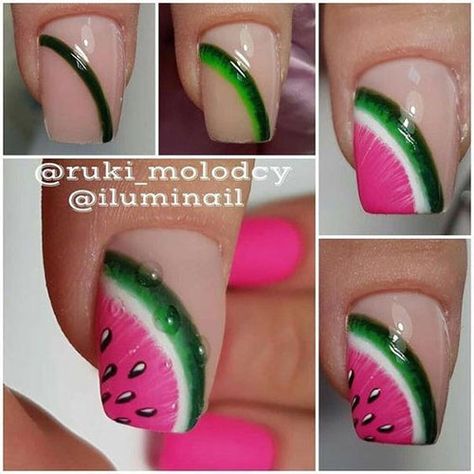 Watermelon Nail Art Tutorials for Summer • Rachel Watermelon Nail, Watermelon Nail Art, Fruit Nail Art, Watermelon Nails, Pedicure Designs, Nail Art Designs Videos, Super Nails, Diy Nail Designs, Nail Art Summer