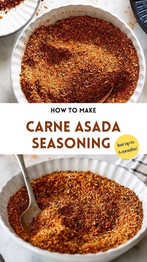 collage of carne asada seasoning with text overlay Asada Seasoning Recipe, Carne Asada Seasoning, Homemade Carne Asada, Nachos Fries, Seasoned Steak, Homemade Dry Mixes, Mexican Seasoning, Dry Rub Recipes, Spice Blends Recipes