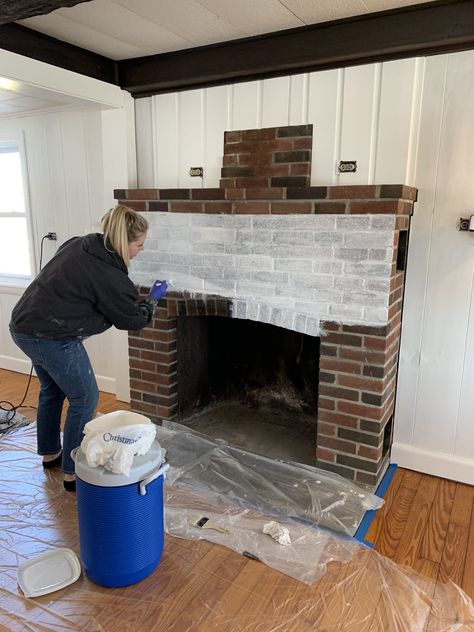 DIY Whitewashed Brick Fireplace: Step by Step Tutorial Sponge Paint Fireplace Brick, Traditional Brick Fireplace, Reface Brick Fireplace, Paint Brick Fireplace White, Redo Fireplace, Pellet Stove Ideas Living Rooms, Whitewashed Brick Fireplace, Wood Burning Stove Ideas, Pellet Stove Ideas