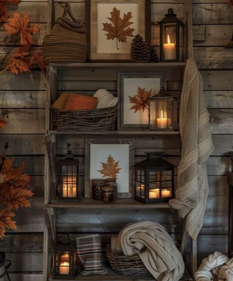 Fall Ladder Shelf Decor Ideas, Pumpkin Display Ideas, Fall Shelf Decor Ideas, Fall Home Screen, Home Decor Ideas Fall, Bohemian Rooms, Fall Decor Living Room, Ladder Shelf Decor, Fall Mason Jar Crafts