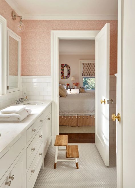 Kids Jack And Jill Bathroom Ideas, Girls Jack And Jill Bathroom, Mcgrath Ii, Feminine Bathroom, Jack N Jill Bathroom Ideas, Colonial Revival House, Girl Bathrooms, Suburban House, Two Sweet