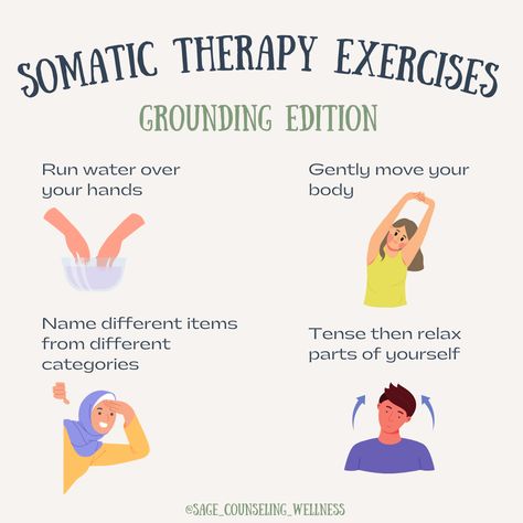 Somatic therapy exercises can be done at the comfort of your own home 😊 These grounding techniques can be helpful in relaxing the body and mind. Have you tried any of these?  ✨Interested in a yoga networking event for therapists in the ATL area? Click the link below to grab a free spot for Friday, June 7!   #somatictherapy #somatic #healing #mindfulness #selfcare #selfcarethreads #mentalhealthawareness #somatichealing #grounding #groundingtechniques #atlantatherapist #fltherapist Somatic Experiencing Therapy, Grounding Exercises Therapy, Somatic Mindfulness, Somatic Healing Exercises, Somatic Stretching, Somatic Therapy Exercises, Somatic Experience, Somatic Release, Therapy Modalities