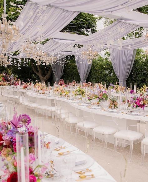 An Elegant White and Gold Wedding? Yes, Please! ~ WedLuxe Media Fairytale Wedding Reception, Tented Backyard Wedding, Wedding Luncheon, Butterfly Details, Floral Archway, White Drapery, White Butterflies, Colorful Florals, Event Furniture