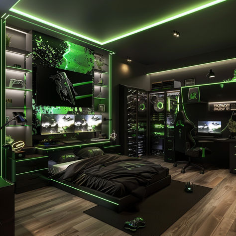 Bubby's room inspiration. The floating bed is a cool look that the Viking could easily do. Obviously wouldn't have multiple screens on the headboard but saving for inspiration. Green Gamer Room, Floating Bed, Bedroom Setup, Cool Look, Gamer Room, Green Rooms, Bedroom Green, Blue Bedroom, Deep Green