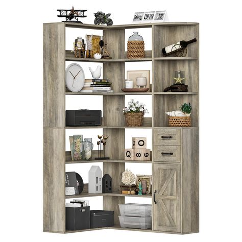 PRICES MAY VARY. MULTI-SCENE APPLICATION: This farmhouse style bookshelf adopts simple lines and splicing color combination, which meets both aesthetic and functional storage requirements. In addition, it can be used not only as a bookshelf, but also as a display cabinet, filing cabinet and general storage cabinet, which can be placed in the bedroom, living room and office. NOTE; SEE THE VIDEO FOR AN EASIER INSTALLATION METHOD. 7-TIER CORNER SHELVES AND STORAGE CABINETS: 7-tier staggered shelves Staggered Shelves, Home Office Grey, U Shaped Gaming Desk, Gaming Desk With Drawers, Farmhouse Bookshelf, Tv Stand Bookshelf, Style Bookshelf, Corner Bookshelf, Floating Bed Frame