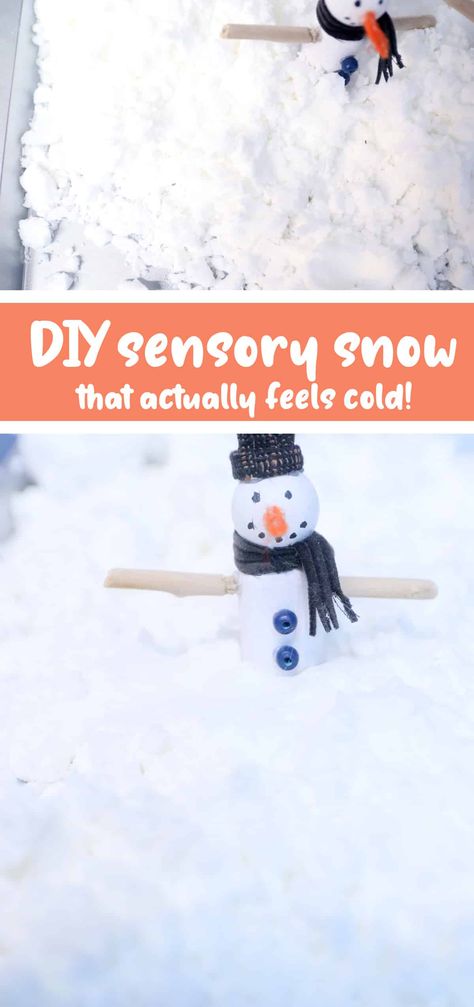 2 Ingredient Fake Snow Recipe - that feels cold! Edible Snow Sensory Play, Snow For Preschool, Frozen Shaving Cream Sensory Play, Taste Safe Fake Snow, 2 Ingredient Snow, Winter Tuff Tray Ideas For Toddlers, Sensory Ice Play, Sensory Recipes For Kids, Snow Snacks For Kids