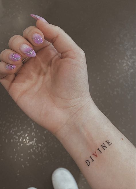 I Win Tattoo, Divinely Protected Tattoo, Divine Tattoo Ideas, Divine Tattoo Word, Divinity Tattoo, Divine Timing Tattoo, Desire Tattoo, Divine Tattoos, Devine Tattoo