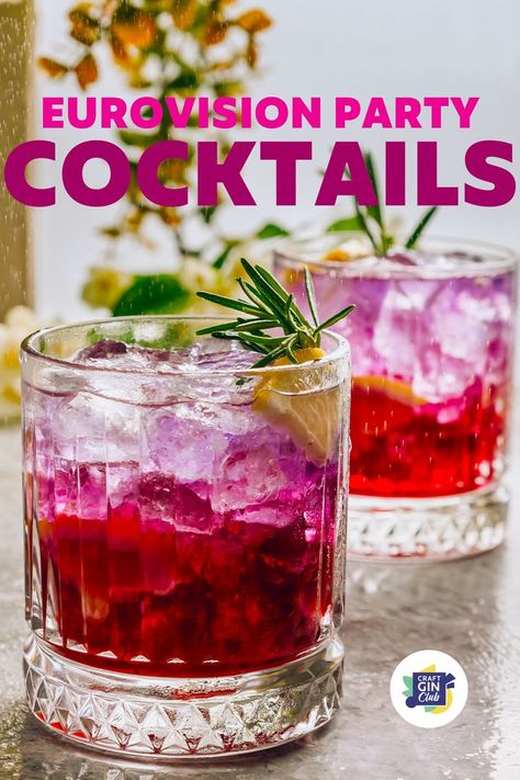 Eurovision Party Cocktail. A pink and purple cocktail in a rocks ice with lots of ice, garnished with fresh rosemary and lemon - this Eurovision cocktail has a perfect Eurovision aesthetic. Eurovision Party Ideas, Eurovision Party Food, Eurovision Drinking Game, Eurovision Aesthetic, Eurovision Party, Waterloo Sunset, Sunset Cocktail, Party Cocktails, Gin Cocktail Recipes