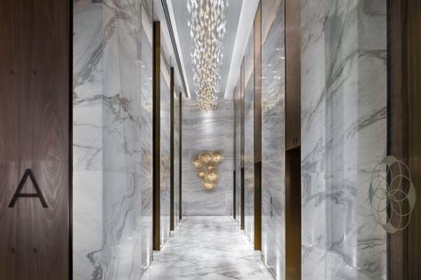 World View Tower - PRECIOSA Lighting Entrance Lobby Design, Lift Lobby Design, Elevator Lobby Design, Fancy Apartment, Luxury Hotels Lobby, Lift Lobby, Building Lobby, Elevator Interior, Hotel Corridor