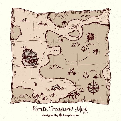 Pirate treasure map in hand-drawn style Free Vector Treasure Map Drawing, Map Drawing Ideas, Treasure Maps For Kids, Treasure Hunt Map, Map Drawing, Pirate Treasure Maps, Santa Claus Images, Hand Drawn Map, Treasure Map