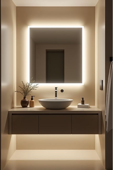 Floating vanity with backlit mirror in compact bathroom Small Powder Room Lighting, Powder Room Pendant Lighting, Small Vanity Ideas Bathroom, Revamp Bathroom, Hidden Vanity, Modern Bathroom Lights, Recessed Vanity, Eco Office, Downtown House