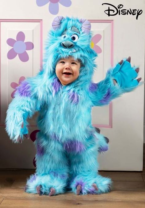 Disney Monsters Inc Sulley Costume for Infants: Hooded jumpsuit with attached mitts and a pair of booties. Sulley Toddler Costume, Unique Family Costume Ideas, Monsters Inc Family Costume, Disney Characters Halloween Costumes, Funny Kid Halloween Costumes, Monsters Inc Halloween Costumes, Sulley Costume, Monsters Inc Halloween, Disney Baby Costumes