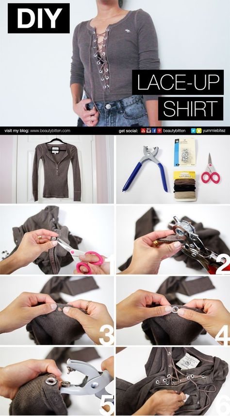 Diy Lace Up Shirt, Diy Lace Up, Shirt Makeover, Diy Fashion Trends, Diy Clothes Videos, Diy Tops, Laced Up Shirt, Diy Vetement, Shirt Refashion