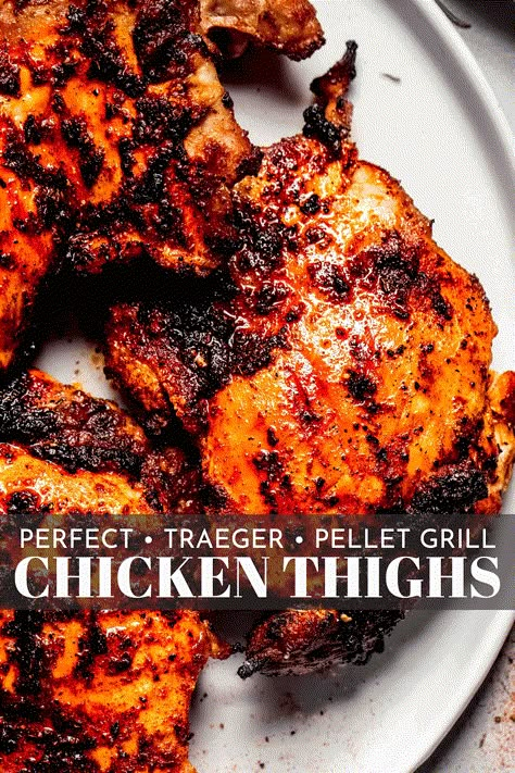 Learn how to make smoky and succulent BBQ chicken thighs with this easy Traeger Chicken Thighs recipe. It works with bone-in or boneless thighs, can be adapted for any pellet grill, and leaves you with wood-smoked chicken every time. Chicken Thighs Traeger, Traeger Grill Recipes Chicken, Traeger Chicken Thighs, Pellet Grilled Chicken, Smoker Recipes Chicken, Traeger Chicken, Smoked Chicken Recipes, Bbq Chicken Thighs, Chicken Thighs Recipe