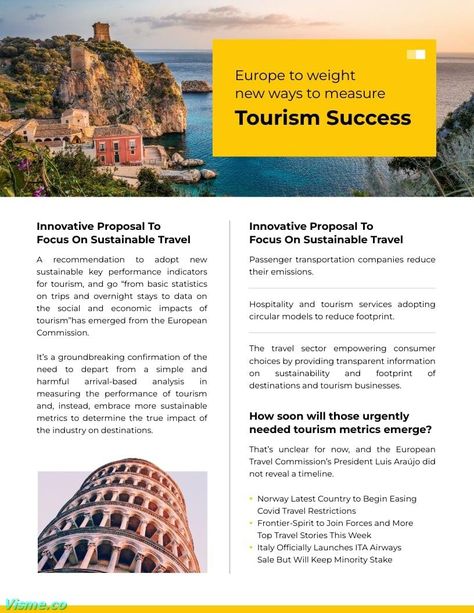 Sleek Travel and Tourism Newsletter Template  Visme Editable Newsletter Templates, Tourism Services, Newsletter Template, Key Performance Indicators, Newsletter Design, Sustainable Travel, Travel And Tourism, Tourism, Sleek