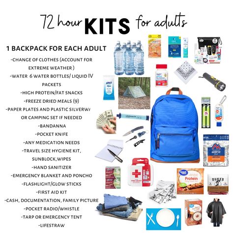 72 hour emergency backpacks #emergency #emergencykits Tornado Emergency Kit Families, Emergency Kit For Home, Emergency Tent, Backpack Survival Kit, Storm Preparedness, Homeless Care Package, Emergency Backpack, Emergency Go Bag, Emergency Preparedness Items