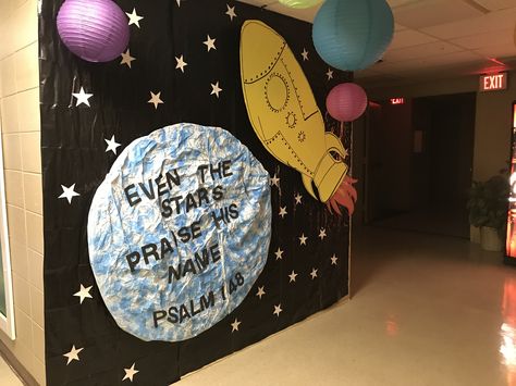 Galactic Starveyors VBS 2017 Broadway Baptist Church Vbs Space Theme, Space Theme Crafts, Space Theme Decorations, Galactic Starveyors Vbs 2017, Vbs Space, Space Theme Classroom, Fellowship Hall, Space Classroom, Outer Space Decorations