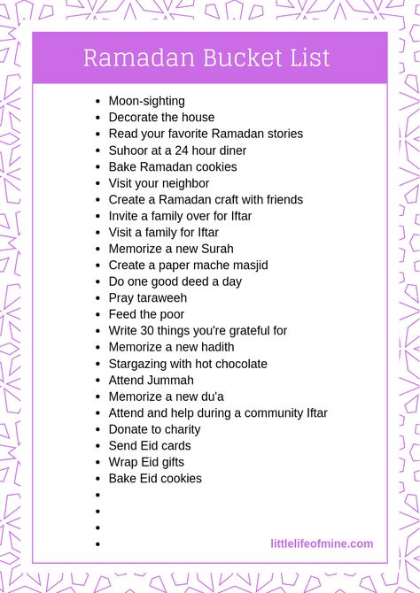 Ramadan Bucket List - littlelifeofmine.com Ramadan Dua List, Ramadan Printables, Ramadan Tips, Ramadan Kids, Ramadan Kareem Decoration, Eid Crafts, Ramadan Activities, Eid Cards, Friend Crafts