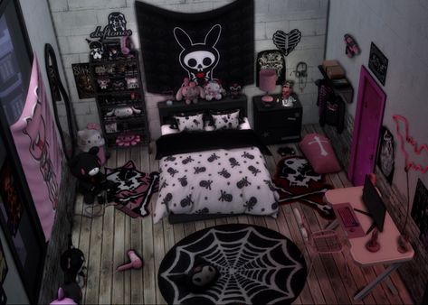 Emo Kawaii Room, Bloxburg Emo House, Sims 4 Emo Bedroom, 2000s Emo Room Ideas, Emo Scene Bedroom, Scene Room Aesthetic, Sims 4 Emo Room Cc, Emo Y2k Room, 2000s Emo Bedroom