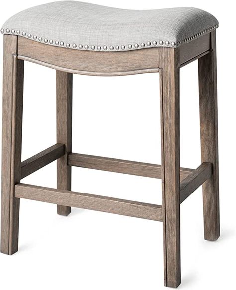 (paid link) Maven Lane Adrien Backless Saddle Kitchen Counter Stool 25.7" H, Reclaimed Oak Finish and Ash Grey Fabric, Nail Head Trim Design Saddle Bar Stools, Backless Stools, Kitchen Counter Stools, Stool Cushion, Backless Bar Stools, Bar Height Stools, Reclaimed Oak, Wood Bar Stools, Traditional Furniture