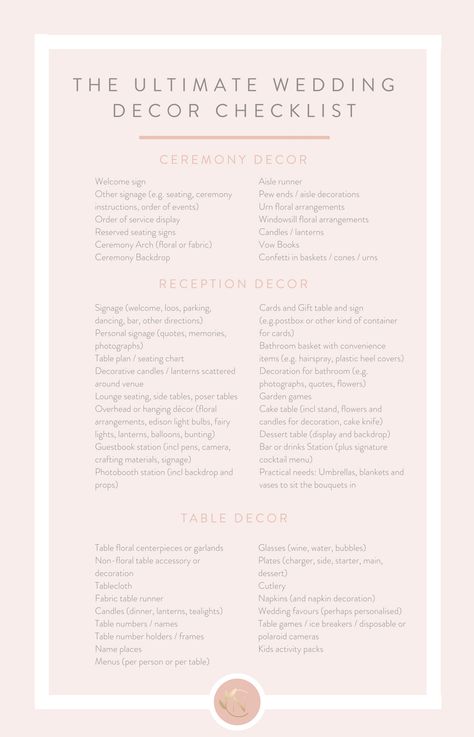 Wedding Decor Checklist, Wedding Decoration Checklist, Decor Checklist, Event Planning Tips, Vow Book, Planning Checklist, Wedding Planning Checklist, Ceremony Backdrop, Wedding Checklist