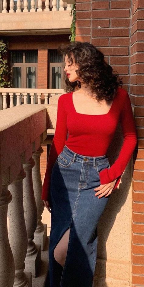 Denim Blue Skirt Outfit, Skirt And Top Outfits Classy Fashion, Casual Modest Outfits Aesthetic, Poses In Western Dress, Red Aesthetic Outfit Vintage, Pretty Tops For Women Classy, Basic Coquette Outfits, Turkish Fashion Modern Style, Femenine Outfits Style