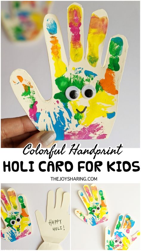 Colorful and cute Holi card for kids to make for friends and family! Also, makes a fun sensory and learning activity for preschool kids. #thejoyofsharing #holicard #holicraft #handprintcard #holigreetingcard via @thejoysharing Holi Festival Activities Kids, Holi Activities For Toddlers, Holi Party Ideas, Holi Activities, Holi Crafts, Holi Craft, Holi Card, Holi Greeting Cards, Holi Theme