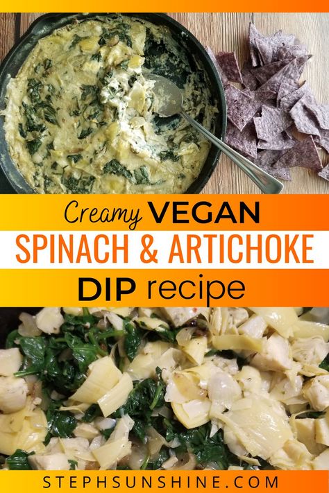 My favorite game-day food has always been chips and spinach and artichoke dip. So when I went vegan, I set out to make an equally delicious version of this dip! With cashew cream, vegan mozzarella, fresh spinach, and marinated artichokes, this dip has become my most-requested recipe! Easy Vegan Spinach Artichoke Dip, Essen, Vegan Hot Dip Recipes, Vegan Dessert Appetizers, Vegan Spinach Artichoke Dip Nut Free, Vegan Game Night Snacks, Potluck Dishes Vegan, Vegan Crockpot Dip, Vegan Nye Appetizers