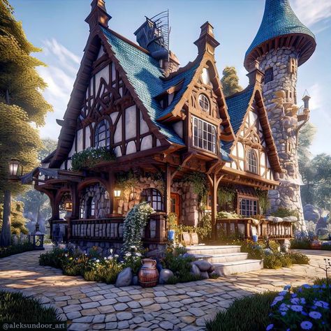 Medieval Home Concept Art, Medieval Home Exterior, Fantasy Home Concept Art, Medieval Village Concept Art, Enshrouded Build, House Concept Art Interior, Medieval House Concept, Medieval House Concept Art, Cottage Concept Art