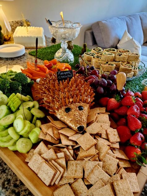 Woodland Animal Veggie Tray, Porcupine Cheeseball Woodland Party, Adventure Theme Food Ideas, Enchanted Forrest Baby Shower Ideas, Woodsy Appetizers, Woodland Theme Veggie Tray, Hedgehog Cheese Ball Woodland Party, Woodland Veggie Tray Ideas, Adventure Awaits Food Ideas