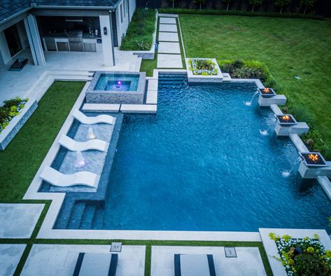 Modular Pool Ideas, Pool With Swim Lane, Pool Designs For Large Backyards, Hot Tub Separate From Pool, Stone Pool Ideas, Rectangular Pool With Slide, Pool Floor Colors, Backyard With Pool And Hot Tub, Swimming Pool Backyard Ideas