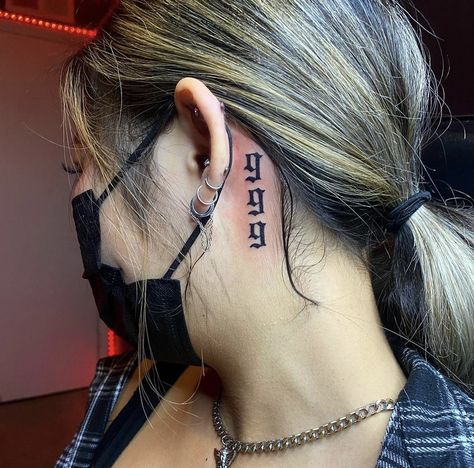 999 Tattoo Behind Ear, Number Tattoo Behind Ear, Tattoo Machine Tattoo, Face Tats, Small Neck Tattoos, Tattoo Ideas Unique, Gallery Tattoo, Tribute Tattoos, Beauty Tattoo