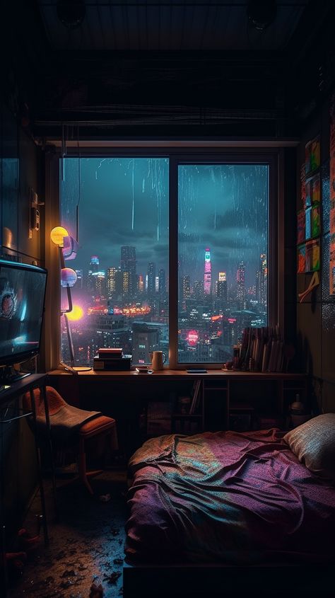 This cyberpunk bedroom interior and cityscape is made using Midjourney. Cozy Cyberpunk Apartment, Cozy Futuristic Bedroom, Cyberpunk Aethstetic, Cyberpunk Classroom, Cyberpunk Bedroom Aesthetic, Cyberpunk Room Aesthetic, Bedroom Cyberpunk, Cityscape Bedroom, Cozy Cyberpunk