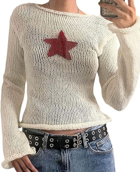 Women Vintage Long Sleeve Knit Crop Top Y2k Star Print Bodycon Sweater Fairy Grunge Crew Neck T Shirt Fall Jumper Top at Amazon Women’s Clothing store Oda Aesthetic, Fitted Knit Sweater, Grunge Sweaters, 2000s Sweater, Knitted Cropped Sweater, Knitted T Shirt, Heather Sweater, Crochet Quilt Pattern, Autumn Jumpers