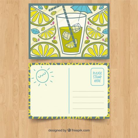 Hand drawn summer card template with lemonade Free Vector Post Card Design Illustration, Back Of Postcard Design, Cute Postcard Design, Post Card Design Aesthetic, Postcard Back Design, Postcard Illustration Design, Post Cards Ideas, Postal Card Design, Postcard Design Ideas Creative