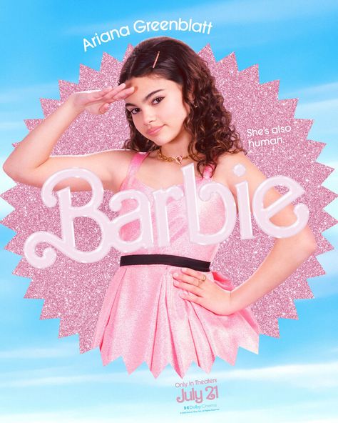 Barbie Movie 2023 | Ariana Greenblatt “She’s Human”… Taking on the role of ‘Sasha’, Greenblatt plays the human daughter of America Ferrera aka “Gloria” and visits BarbieLand. | IRL she is 15 years old. Greta Gerwig Barbie, Barbie Movie 2023, Movie Character Posters, Barbie Land, Hari Nef, Scott Evans, Hulk Character, Alexandra Shipp, Barbie 2023